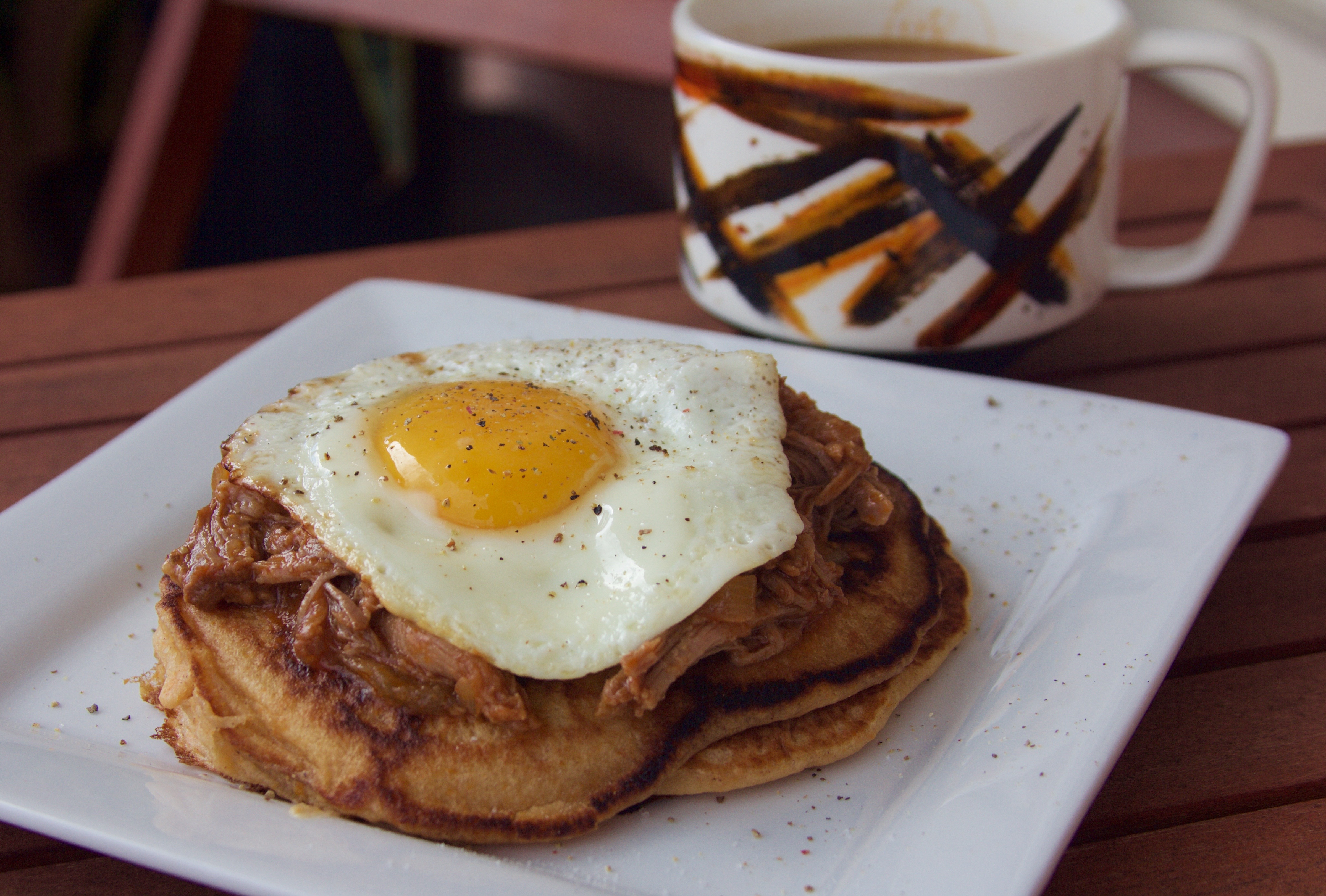 Sweet Potato Pancakes with Barbecue Pulled Pork and Fried Eggs
