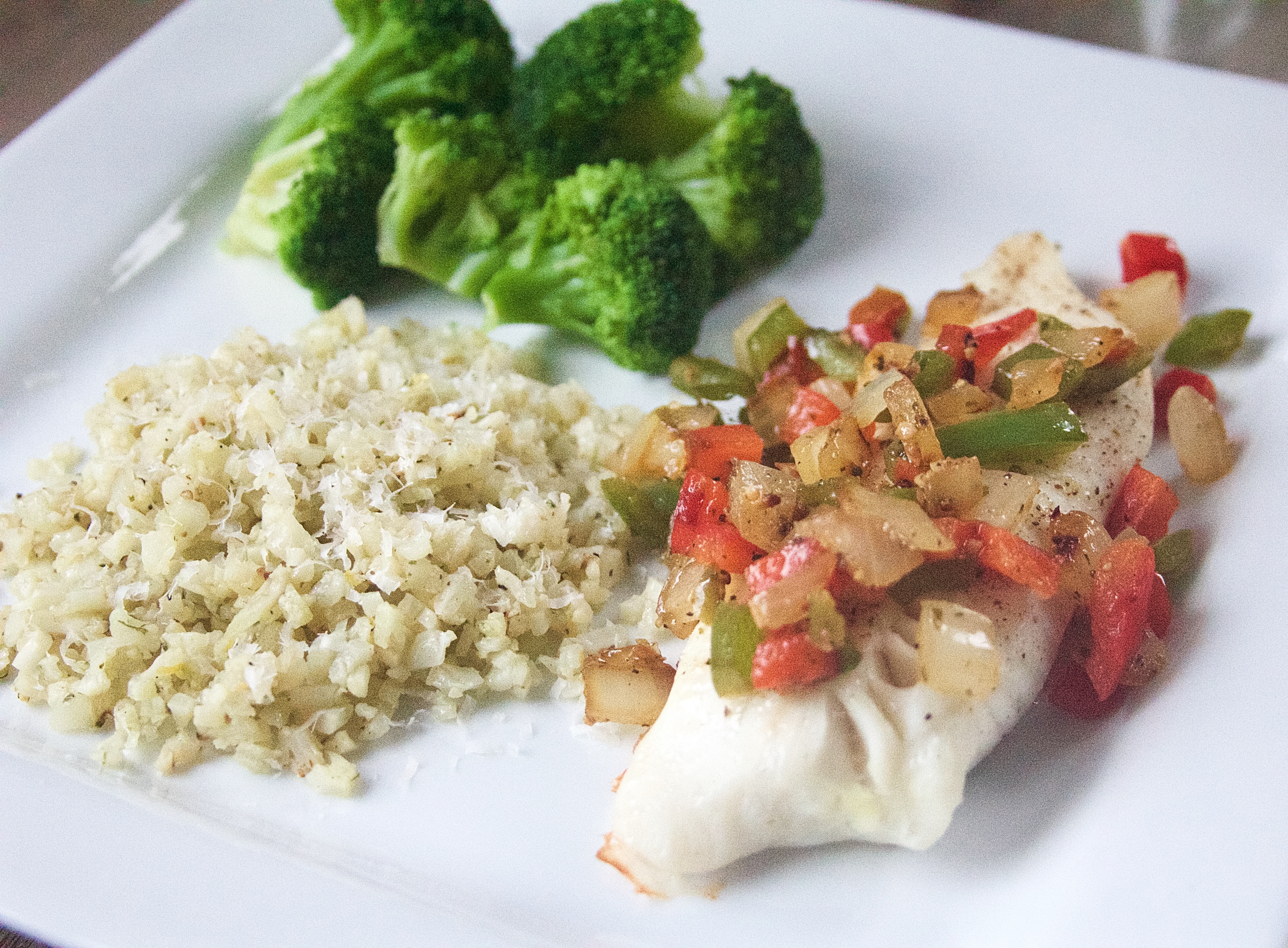 Tilapia with Peppers and Lemon Cauliflower Rice